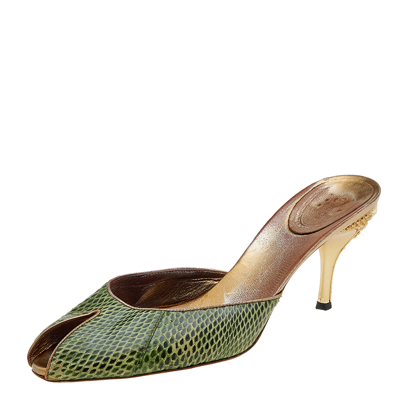 Pre-owned Gucci Green Snakeskin Embossed Leather Peep Toe Slide Sandals Size 41