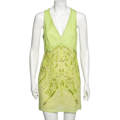 Pre-owned Roberto Cavalli Green Leather & Lace Embellished Sleeveless Dress M
