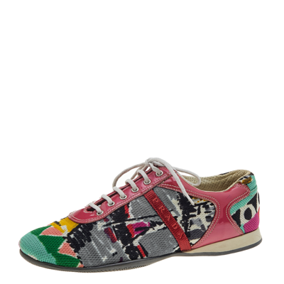 Pre-owned Prada Multicolor Fabric And Patent Leather Low Top Trainers Size 38.5