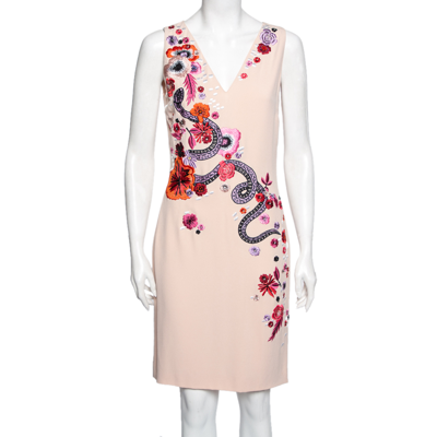 Pre-owned Roberto Cavalli Light Pink Embroidered Crepe Sleeveless Sheath Dress M