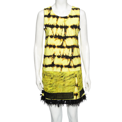 Pre-owned Roberto Cavalli Yellow Printed Denim Embellished Hem Detail Sleeveless Shift Dress M