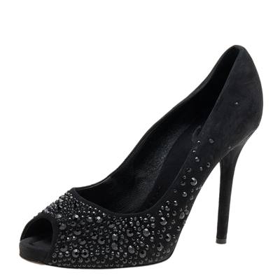 Pre-owned D & G Black Suede Crystal Embellished Peep Toe Pumps Size 40