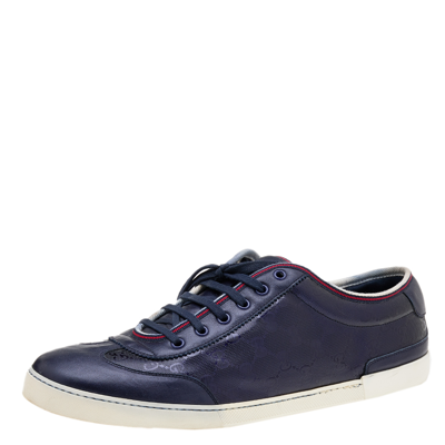 Pre-owned Gucci Navy Blue Gg Imprime Canvas And Leather Low Top Trainers Size 47