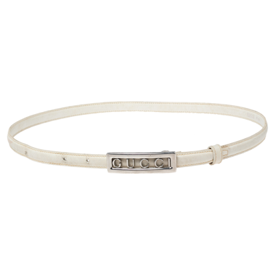 Pre-owned Gucci White Leather Logo Plague Slim Belt 85cm