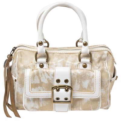Pre-owned Coach Beige/white Signature Canvas And Leather Buckle Satchel