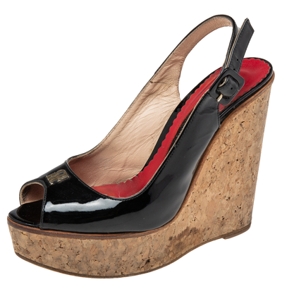 Pre-owned Carolina Herrera Black Patent Leather Peep-toe Cork Wedge Platform Slingback Sandals Size 37