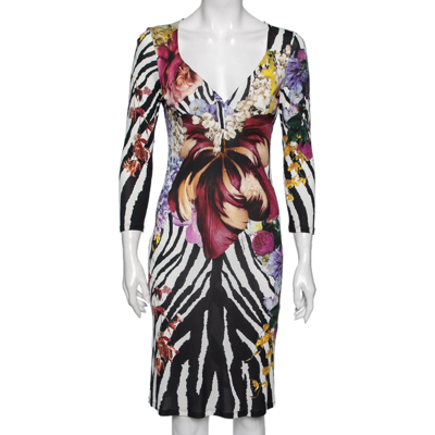 Pre-owned Roberto Cavalli White Floral And Animal Printed Jersey Dress M