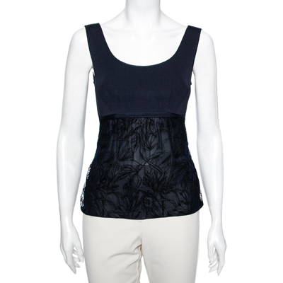 Pre-owned Roberto Cavalli Navy Blue Rib Knit Mesh Overlay Detailed Top M