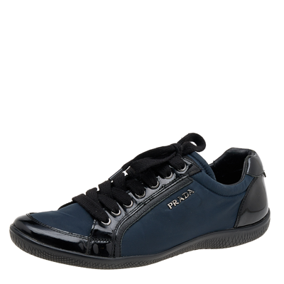 Pre-owned Prada Black/navy Blue Patent Leather And Nylon Low Top Trainers Size 38