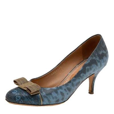 Pre-owned Ferragamo Blue/black Karung Leather Vara Bow Pumps Size 37.5