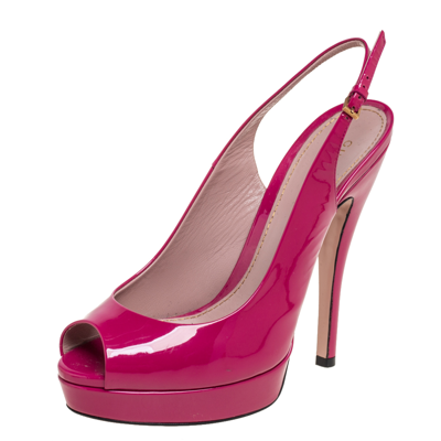Pre-owned Gucci Magenta Patent Leather Peep-toe Platform Slingback Pumps Size 38 In Purple