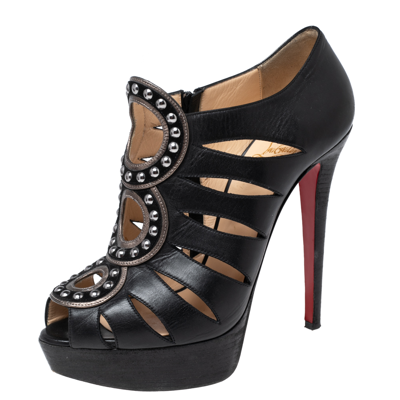 Pre-owned Christian Louboutin Black Leather Maralla Studded Cutout Booties Size 38.5