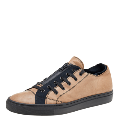 Pre-owned Valentino Garavani Beige/black Leather And Canvas Zip Detail Low Top Trainers Size 46