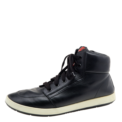 Pre-owned Prada Black Leather High Top Sneakers Size 44