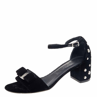 Pre-owned Ferragamo Black Velvet Studded Block Heel Ankle Strap Sandals Size 38