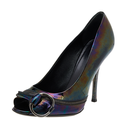 Pre-owned Gucci Multicolor Iridescent Patent Leather Horsebit Peep Toe Pumps Size 37.5