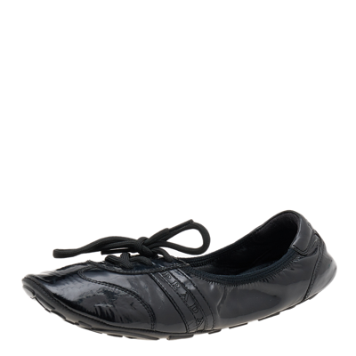 Pre-owned Prada Black Patent Leather Lace Up Ballet Flats Size 36.5