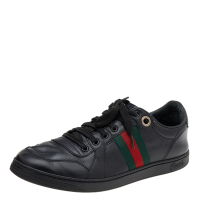 Pre-owned Gucci Black Leather Web Low Top Trainers Size 42