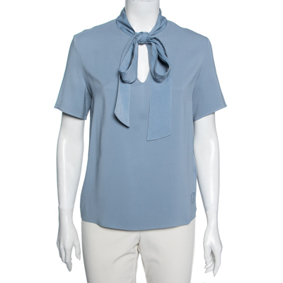 Pre-owned Emporio Armani Blue Crepe Front Bow Tie Blouse L