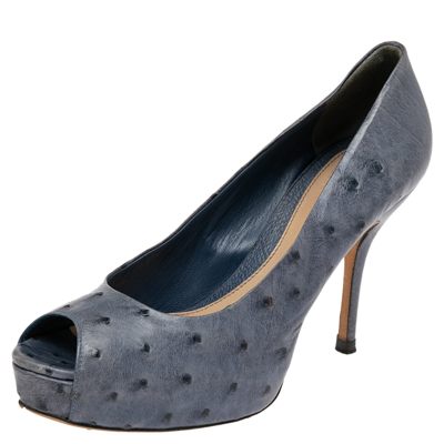 Pre-owned Gucci Blue Ostrich Leather Peep Toe Platform Pumps Size 38