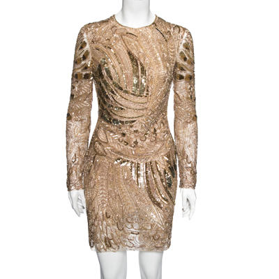 Pre-owned Roberto Cavalli Gold Embellished Tulle Long Sleeve Dress M