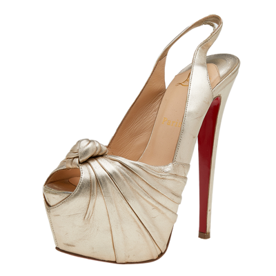 Pre-owned Christian Louboutin Gold Leather Jenny Knotted Platform Slingback Sandals Size 37
