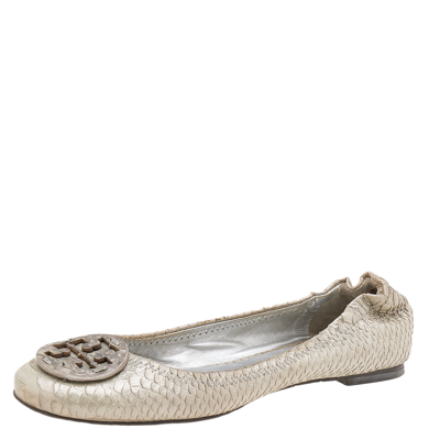 Pre-owned Tory Burch Silver Python Embossed Leather Reva Ballet Flats Size 38.5