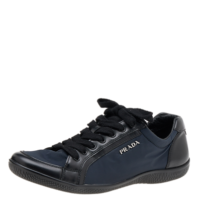 Pre-owned Prada Navy Blue/black Nylon And Leather Low Top Trainers Size 37