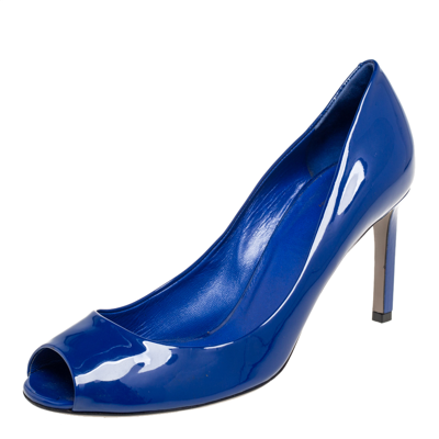 Pre-owned Gucci Ink Blue Patent Leather Peep-toe Pumps Size 38