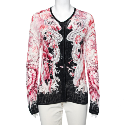 Pre-owned Roberto Cavalli Pink Printed Perforated Knit Button Front Cardigan M