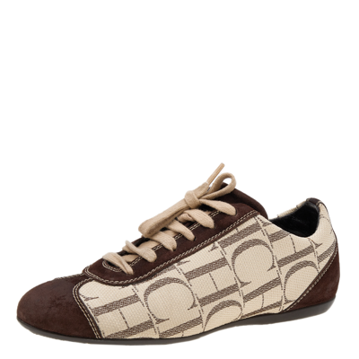 Pre-owned Ch Carolina Herrera Brown/beige Suede And Monogram Canvas Low Top Sneakers Size 38