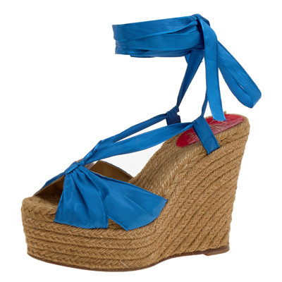 Pre-owned Christian Louboutin Blue Silk Wedge Espadrille Ankle Wrap Sandals Size 40