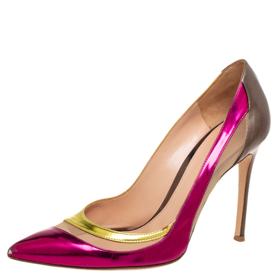 Pre-owned Gianvito Rossi Tri-color Metallic Leather And Mesh Paneled Pointed-toe Pumps Size 38.5 In Pink