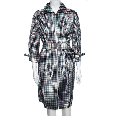 Pre-owned Prada Monochrome Checkered Silk Zip Front Belted Coat M In Black
