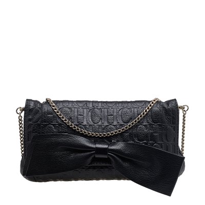 Pre-owned Carolina Herrera Black Embossed Leather Audrey Bow Flap Shoulder Bag