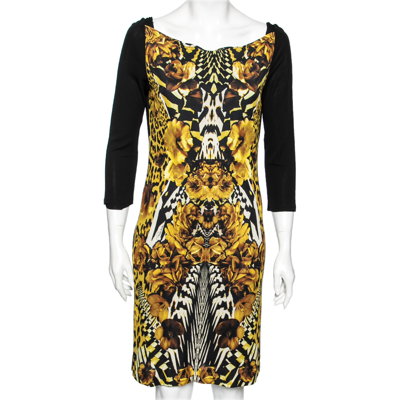 Pre-owned Roberto Cavalli Gold And Black Floral Printed Jersey Dress M