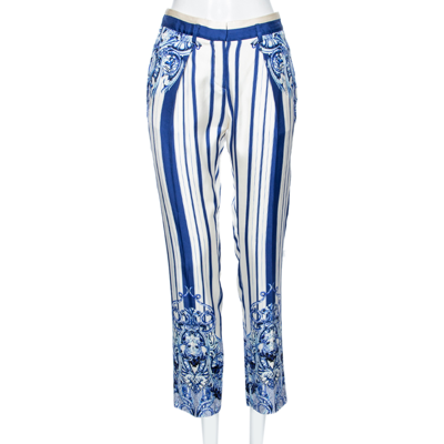 Pre-owned Roberto Cavalli White And Blue Printed Silk Trouser M