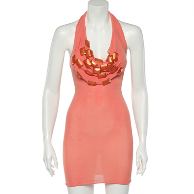 Pre-owned Emporio Armani Orange Knit Embellished Detail Halter Neck Mini Dress S