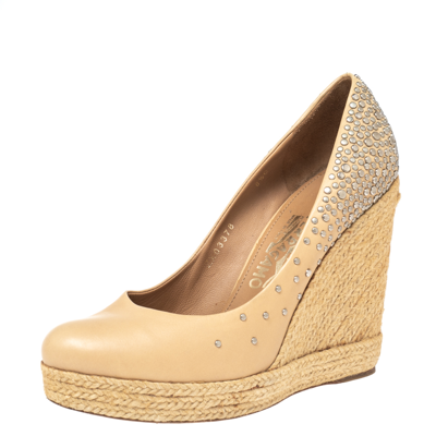 Pre-owned Ferragamo Beige Studded Leather Espadrille Wedge Platform Pumps Size 39