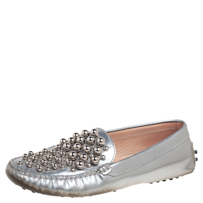 Pre-owned Tod's Silver Patent Leather Studded Loafers Size 36