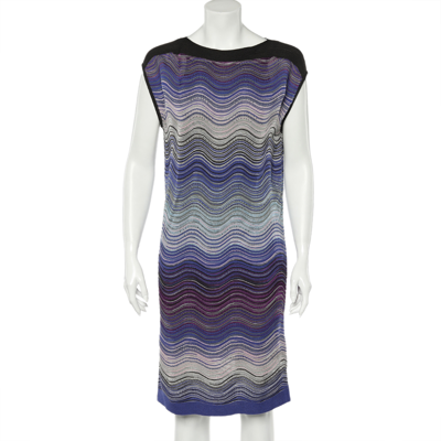 Pre-owned M Missoni Blue Wave Pattern Lurex Knit Shift Dress L