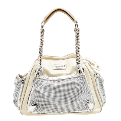 Pre-owned Versace Cream/sliver Patent Leather And Metallic Mesh Chain Link Satchel