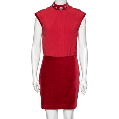 Pre-owned Love Moschino Red Chiffon & Velvet Paneled Embellished Detail Sleeveless Sheath Dress M