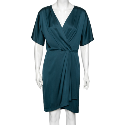 Pre-owned Diane Von Furstenberg Teal Blue Silk Pleated Front Midi Dress M