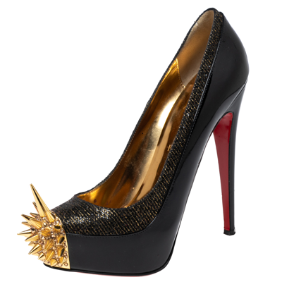 Pre-owned Christian Louboutin Black/gold Patent Leather And Lurex Fabric Asteroid Spike Pumps Size 39.5