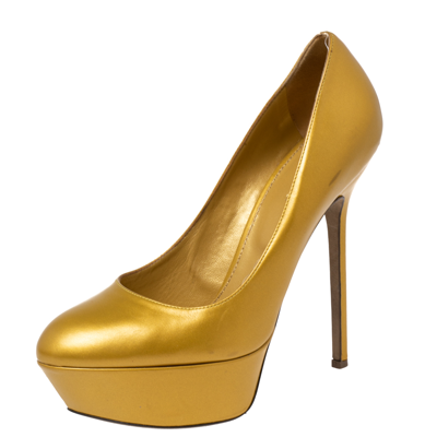 Pre-owned Sergio Rossi Metallic Gold Leather Platform Pumps Size 38