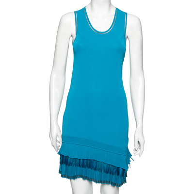 Pre-owned Roberto Cavalli Blue Knit Ruffle Embellished Hem Detail Shift Dress M
