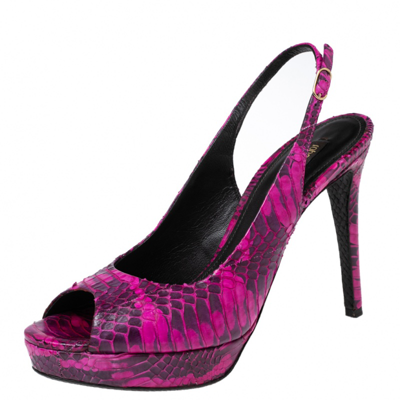 Pre-owned Roberto Cavalli Magenta/black Water Snake Leather Peep-toe Slingback Platform Pumps Size 38.5