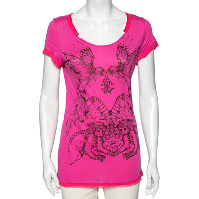 Pre-owned Roberto Cavalli Pink Synthetic Printed And Crystal Embellished Short Sleeve Top M