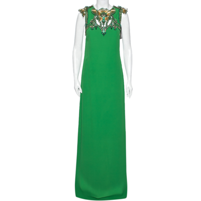 Pre-owned Gucci Green Silk Beaded Embellished Slit Detailed Maxi Dress M